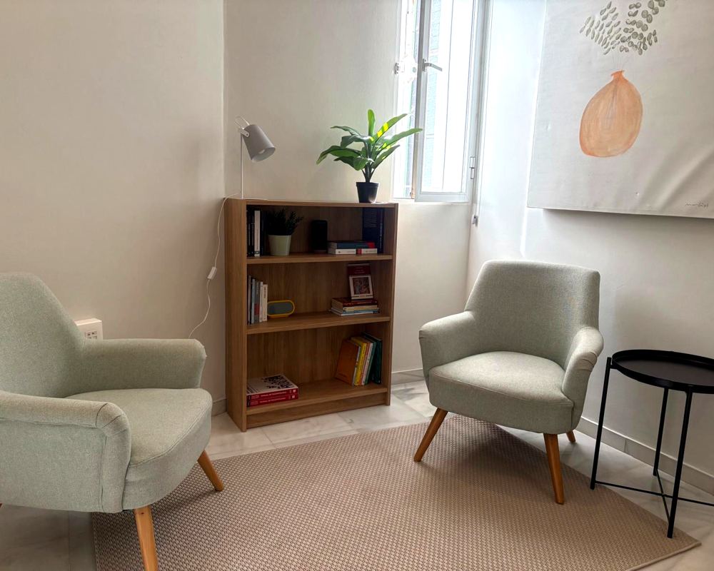 Sala de consulta de Alfonso Reyero en Sevilla, con dos sillones y luz natural